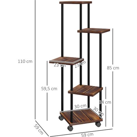 Support à plantes 5 niveaux sur roulettes - Étagère fleuriste en acier et bois, 110 cm de haut, carbonisé - Pour intérieur et extérieur, salon, jardin et balcon - Déco nature. (1/5)