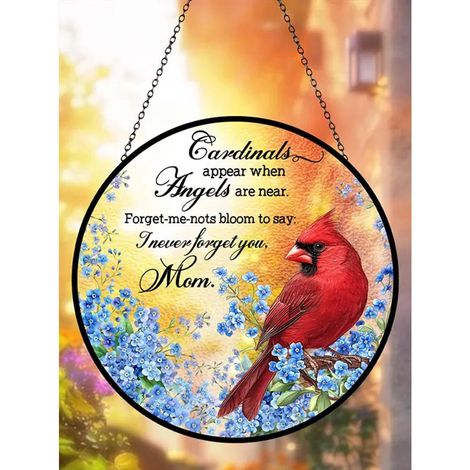 Attrape-soleil vitrail cardinal et fleurs myosotis 9 cm, décoration fenêtre