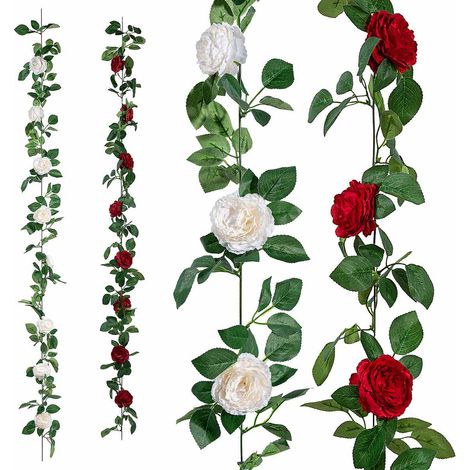 Rami a ghirlanda di peonie artificiali bianche e rosse in stoffa da appendere, set da 4 pezzi, m 2