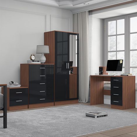Reflect 2 Door Mirror Wardrobe, 5 Drawer Chest, 2 Drawer Bedside & Desk - Black Gloss & Walnut - Modern Bedroom Furniture Set (1/5)