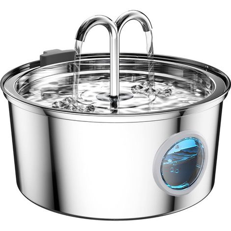 Fontaine à eau pour animaux de compagnie en acier inoxydable avec indicateur de niveau d'eau - grande capacité, silencieuse, automatique, double bec rond en forme de M, convient aux petits animaux de (1/4)
