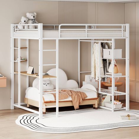 Lit mezzanine 140x200 cm en métal, avec bureau, étagères, penderie et rangements, échelle, garde-corps, blanc (1/5)