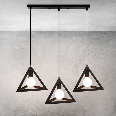 Pendelleuchte Vintage, 3 Flammig Eisen Kronleuchter im Dreieck-form, Antik Industrielle Hängelampe mit Geometrisch Käfig für Wohnzimmer Esszimmer (Schwarz)