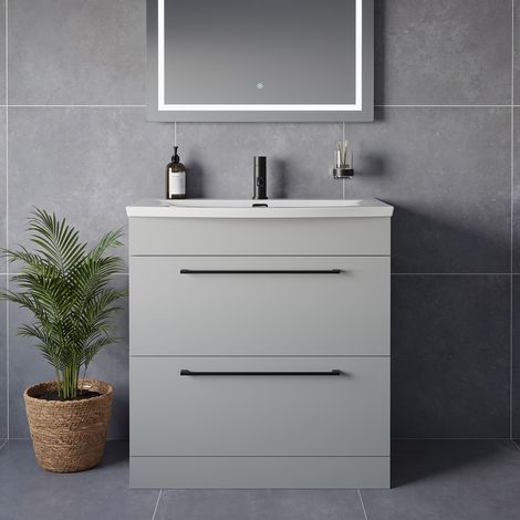 Napoli 390 Gloss Grey Pearl 800mm 2 Drawer Vanity Unit with Arc Basin - 800mm - Matt Black 480mm Handle
