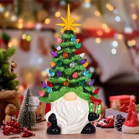 Nains de Noël lumineux - Sapin de Noël en céramique sans visage - Petit mini mini décoration de Noël pré-éclairée pour table, maison, chambre, cheminée, bureau - Design mignon - 20,3 cm (1/5)