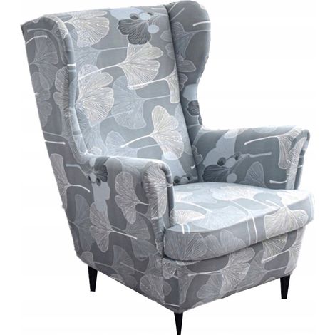 Funda para sillón orejero, gris, estampado de hojas, elástica [22EW8] (1/5)