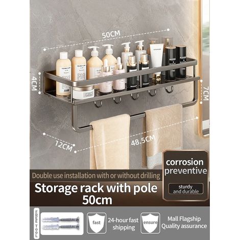 Étagère murale en aluminium (gris, 50 cm) pour salle de bain, porte-shampoing, rangement pour cuisine, étagère murale. (1/5)