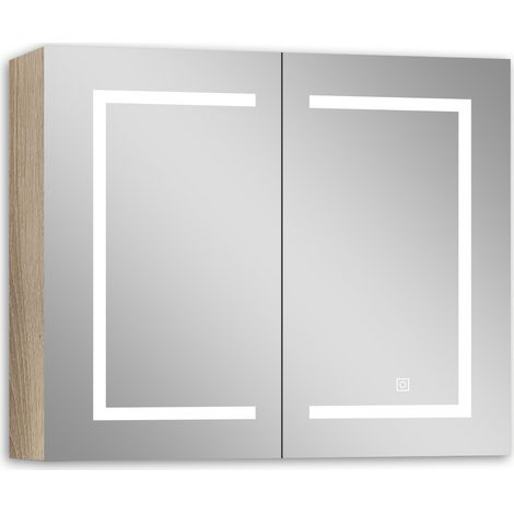 Acezanble Armoire de Toilette 80 x 70 cm avec 2 Portes Miroir LED Éclairage 3 Couleurs, Anti-Buée et Prise Rasoir Chêne (1/5)