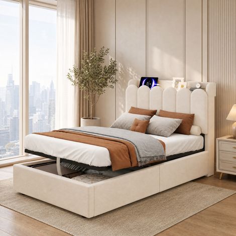Cama infantil tapizada (219.5x96x93.5 cm), elevable, con cabecero multifunción, almacenaje, terciopelo beige (1/5)