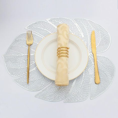 Lot de 8 sets de table en vinyle en forme de feuille pour table de salle à manger, set de table en plastique métallique facile à nettoyer, argenté, 45 x 35 cm'Set of 8 Argenté'Argenté'Set of 8 (1/5)