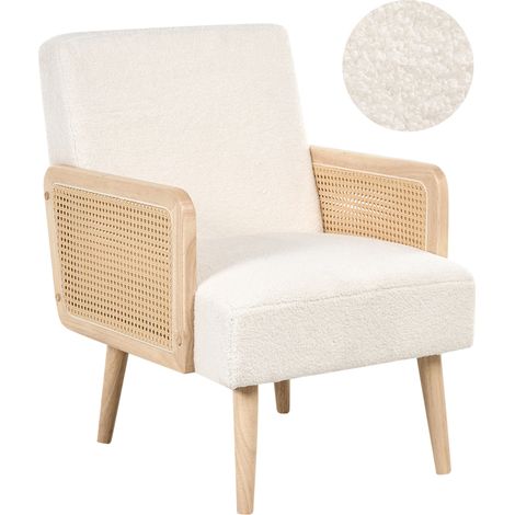 Sillón tapizado en tela bouclé diseño retro reposabrazos de trenza vienesa para sala de estar blanco crema Hojby (1/5)