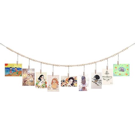 BEBUSINGOTO Wandfotodisplay mit Holzperlengirlande, Collage-Bilderrahmen für böhmische Wanddekoration, Fotohalter mit 9 Holzklammern, für rustikale Wohnheimdekoration (1/5)