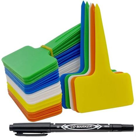 100 pièces Etiquette Jardin Exterieur Marqueurs en Plastique de Plantes Type T Plastique Etiquette Potager avec Stylo étanche Etiquetage Réutilisable et Accessoires pour Plantes(Multicolore) (1/5)