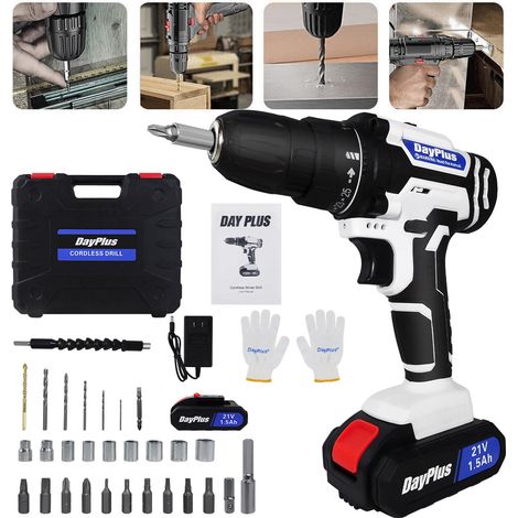 21V Portable Cordless Power Drill Set Impact Screw Driver with 1500mAh Li-Ion Rechargeable Battery 25+1 Torque Setting 45N.m Variable Speed Control with LED Light, 29PCS Accessories, Carrying Case