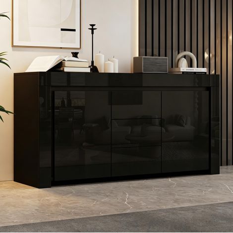 Buffet 140x40x65 cm avec 2 portes, 3 tiroirs, LED et étagères réglables, MDF noir brillant (1/5)