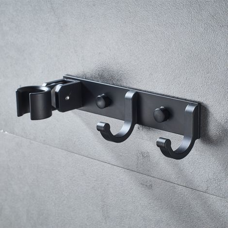 Black Universal Adjustable Hand Shower Holder with Hook, Wall-Mounted Aluminum Alloy Shower Head Holder, 18-21mm Self-Adhesive Shower Head Holder Without Drilling (1/5)