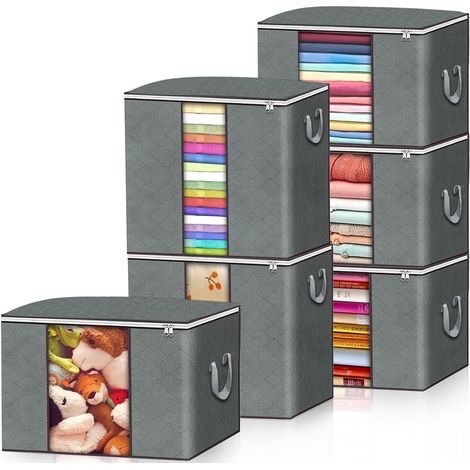 Lot de 6 Sac de Rangement Vetement, Boite Rangement pour Couette en épais Non Tissé, Organisateurs avec Poignée Renforcée,Pliables Sac de Rangement sous Lit pour Couettes Vêtements (1/5)