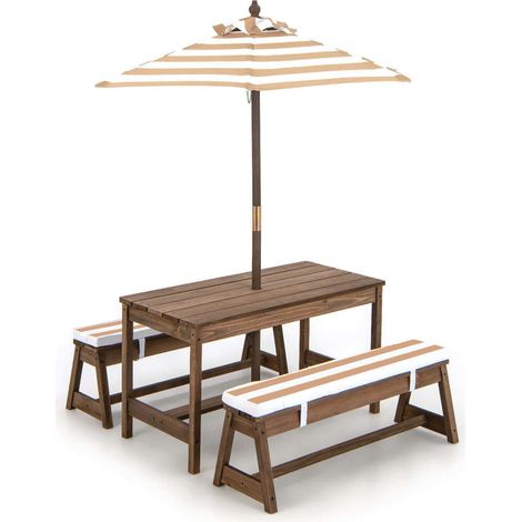 Bois de sapin, table de pique-nique enfant avec 2 bancs, coussins et parasol réglable, pour jardin ou intérieur (1/5)