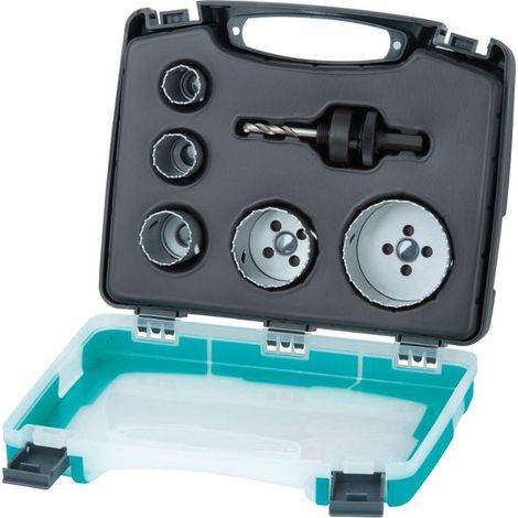 wolfcraft I Bi-Metall-Lochsägeneinsatz-Set „Elektro und Sanitär“ I 3498000 I Ø 25–68 mm, 6-tlg., Schnitttiefe 40 mm, für Metalle, Kunststoffe, Holz und TrockenbaumaterialienI Lochsäge I Lochfräse (1/2)