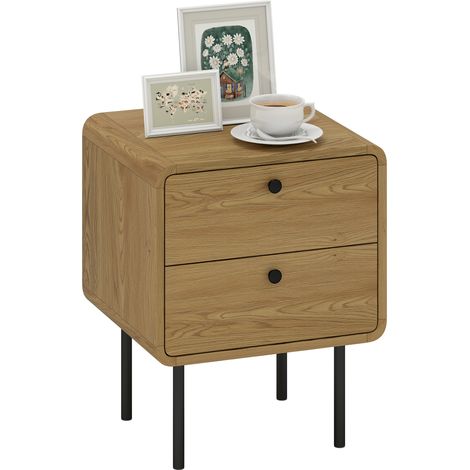 HOMCOM Bedside Table, Modern Nightstand with 2 Drawers Rounded Edges, Oak (1/5)