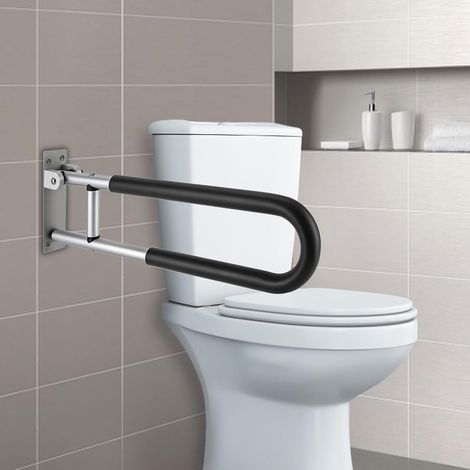 Barre d'appui murale en métal pour toilettes - Poignée pliante - Douche pliable - Main courante antidérapante - Pour personnes âgées handicapées - Charge maximale : 120 kg - Noir