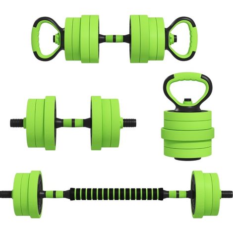 Set manubri 4 in 1 regolabile 20 kg con bilanciere, kettlebell e supporti per flessioni verde (1/4)