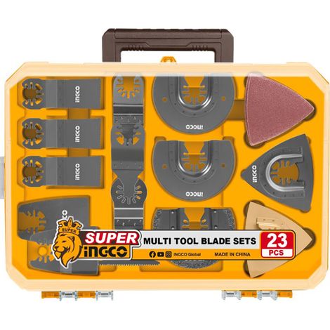Set di 23 lame e accessori per utensile multifunzione oscillante INGCO AKTMT2301 BIM per legno, metallo e PVC, valigetta arancione/nera, 300 W (1/4)
