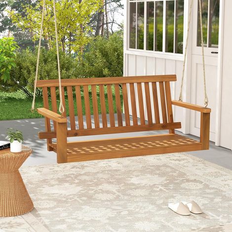 GOPLUS Balançelle de Porche 2 Places en Bois d'Acacia, Chaise Suspendue pour 2 Personnes, Siège et Dossier à Lattes, Capacité 360 kg, Balançoire pour Jardin, Cour, 130 x 63 x 57 cm Naturel (1/5)