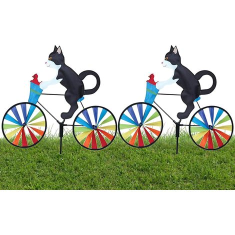 Lot de 2 moulins à vent 3D résistants aux intempéries - Vélo animal - Carillon éolien pour chien et chat - Pour l'extérieur, la cour, la pelouse, l'arc-en-ciel (chat noir)