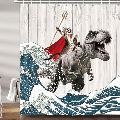 Rideau de Douche avec Chat, Dinosaure et Vagues de l'océan Japonais, Rideau de Douche pour Enfants en Bois Rustique (183 x 183 cm) (1/5)
