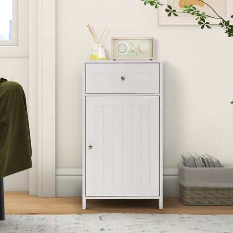 Meuble de Salle de Bain sur Pied Armoire de Rangement avec 1 Porte et Étagère Réglable à 3 Positions Tiroir Meuble de Rangement Blanc (1/2)