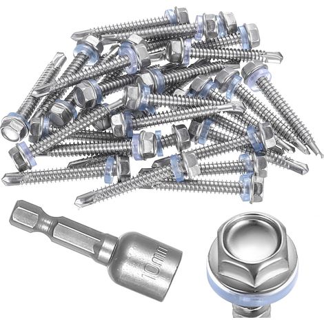 Lot de 30 vis autotaraudeuses en acier inoxydable 401 avec joint - M6,3 x 50 mm - Vis de perçage avec rondelle d'étanchéité - Vis hexagonales avec clé à douille de 10 mm (1/5)