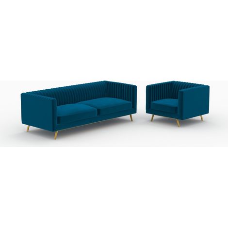 Ensemble canapé et fauteuil en velours bleu 3 places - Gatsby