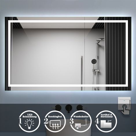 Badezimmer Spiegel 140x80cm Kaltweiß mit Beschlagfrei Wandspiegel mit Wandschalter Horizontal und Vertikal (1/5)
