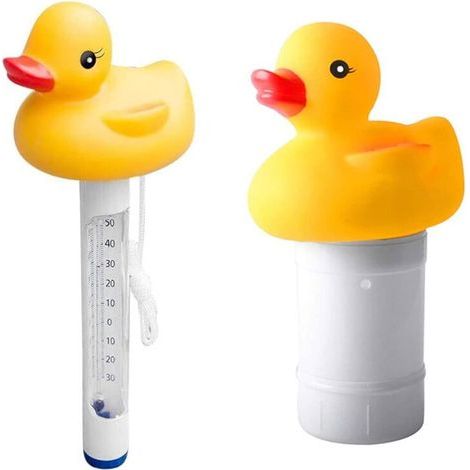 Cartoon Duck Shape Floating Pool Dispenser Thermometer Kit Portable Pool Cleaner for Indoor Outdoor Garden Pools Floating Pool Dispenser with Thermometer