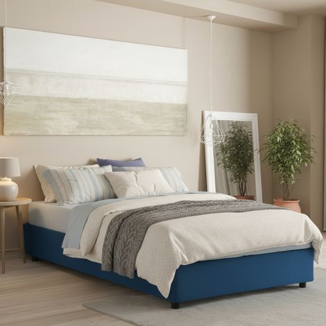 Talamo Italia Lit double Grace, Lit conteneur avec revêtement en tissu, 100% Made in Italy, Ouverture frontale, avec matelas Cm 160x200 inclus, Bleu, avec emballage renforcé (1/5)