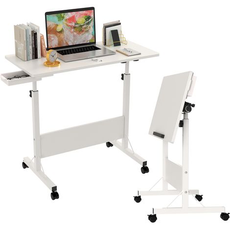 Haloyo® Scrivania per computer mobile regolabile in altezza con rotelle, scrivania da tavolo, tavolo largo per ufficio domestico, 80x40x64-89 cm, bianco (1/5)