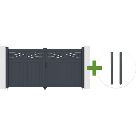 Portail battant 3m HALTI H.160cm aluminium gris + 2 poteaux ELDA aluminium gris 15x15cm (1/5)