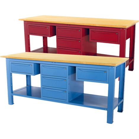 Banco da lavoro SOGI 2 metri con piano in legno + armadio a 3 cassetti + 2 cassetti - blu/rosso, ColoreRosso (1/5)