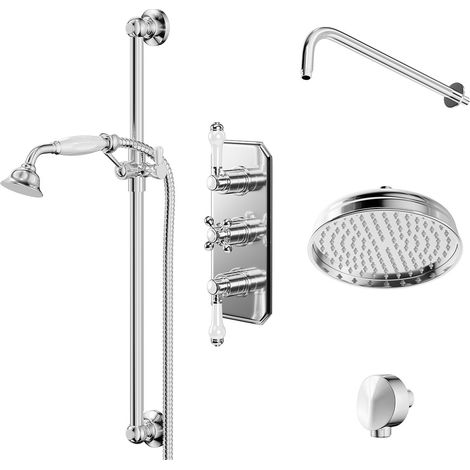 Windsor Traditional Polished Chrome Concealed Triple Thermostatic Shower Valve and 210mm Round Fixed Head with Wall Arm and Slide Rail Kit with Round Elbow - 2 Outlet (1/5)