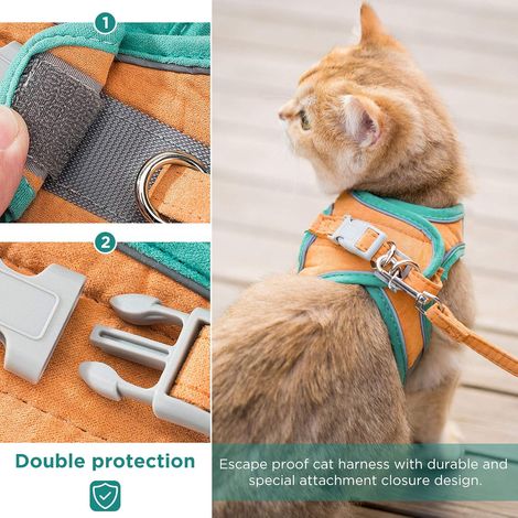 Harnais et laisse pour chat, gilet de marche confortable pour chat avec laisse, harnais de gilet à enfiler, bandes réfléchissantes respirantes, gilet pour petits et moyens chats orange vert MNS (1/3)