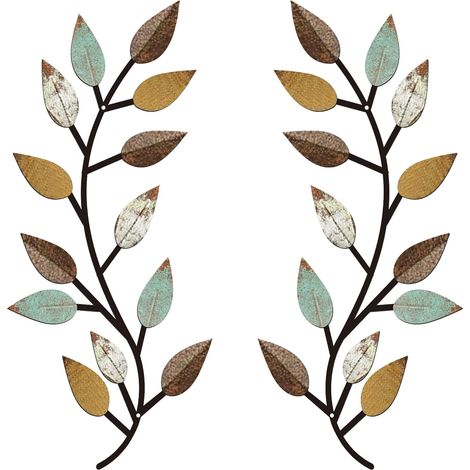 2 feuilles vigne/olivier métal – décoration murale couleurs vives, lit/extérieur