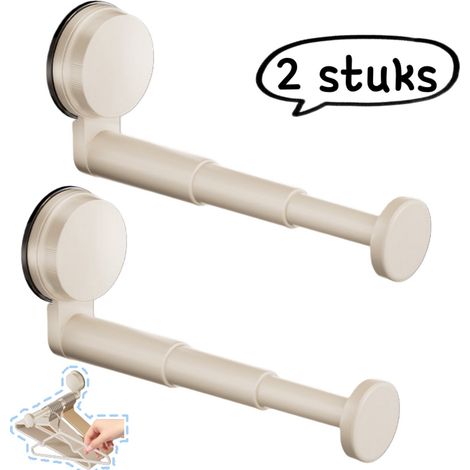 Lot de 2 étagères de rangement à ventouses pour balcon avec crochets télescopiques multifonctionnels installation sans perçage pour vêtements et accessoires de maison couleur blanc cassé (1/5)
