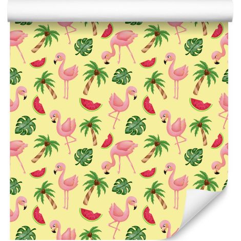 Papier peint Flamants roses crème et citron vert pour salon et chambre 50x1000 cm (1/5)