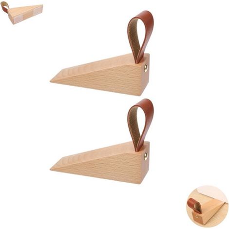 Lot de 2 butoirs de porte en bois en forme de coin, antidérapants et robustes, avec cordon de suspension en cuir, butoirs décoratifs et durables pour portes, 11 × 3,5 × 3,5 cm, pour usage domestique (1/5)