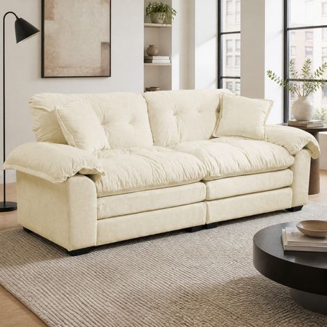Canapé 2 places en chenille beige, 214 x 89 x 93 cm, coussins double couche Memory Foam et ressorts (1/5)