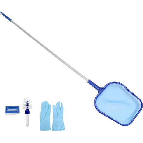 Kit de nettoyage de piscine comprenant une épuisette, un manche, une brosse éponge, des gants et des accessoires.