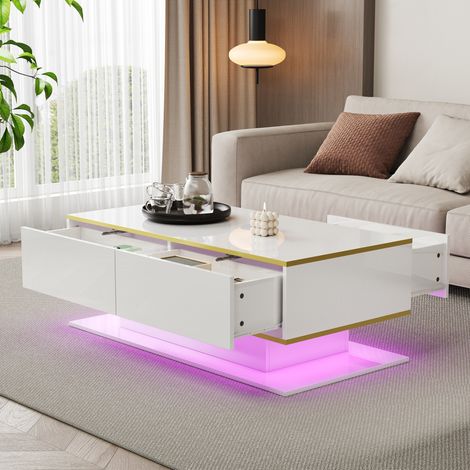 Tavolino da caffè 100x50x40 cm bianco e oro in pannelli di particelle con LED, 3 cassetti e vano aperto (1/5)