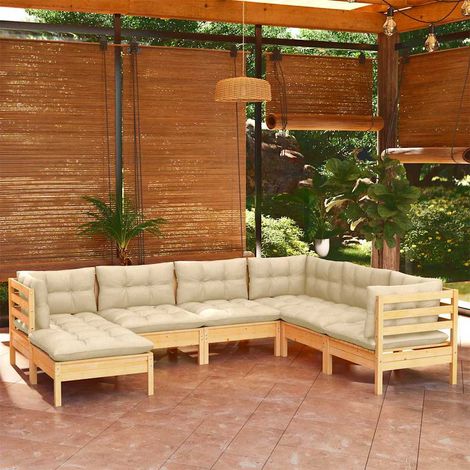 vidaXL Muebles de jardín 7 pzas y cojines madera maciza de pino crema (1/5)