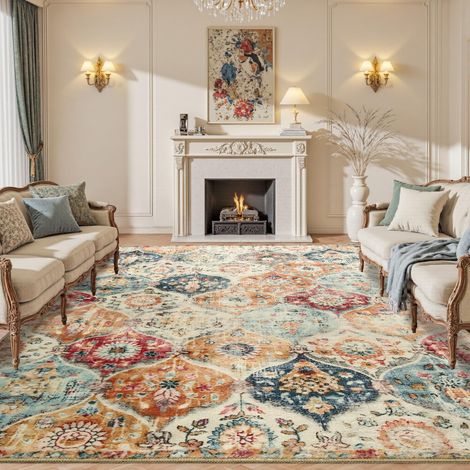 Tapis de salon vintage - 200 x 300 cm - Lavable - Crème/multicolore (1/5)